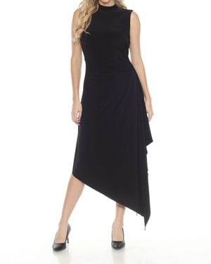 Joseph Ribkoff Turtleneck Ruched Asymmetric Midi Dress - Black
