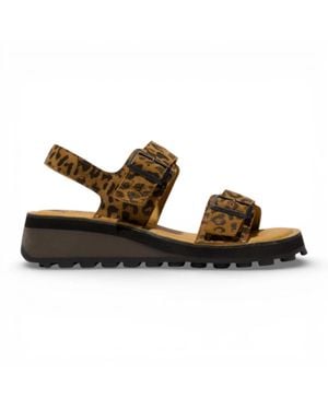 Fly London Leather Wedge Buckle Sandals Adjustable Fit Comfort Wedge Shoes - Brown