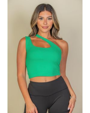 TRUEDAMES Ribbed One Shoulder Cross Strap Crop Top - Green