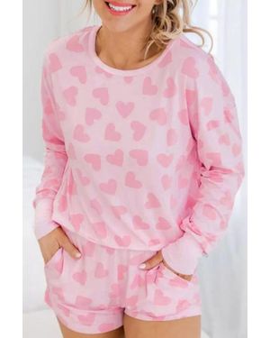TRUEDAMES Valentine Heart Shape Print Long Sleeve Top Shorts Lounge Set - Pink
