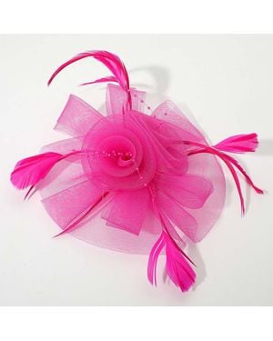 Fashnzfab Flower Feather Pearl Mesh Bow Fascinator Headband - Pink