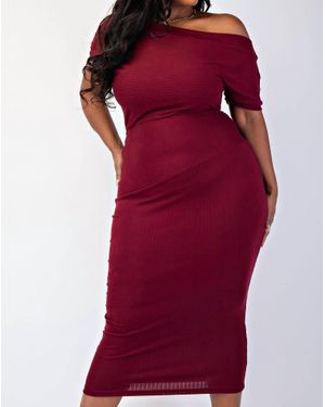 The Curve Plus Size Ribbed Knit Off Shoulder Knit Midi Dress - Red