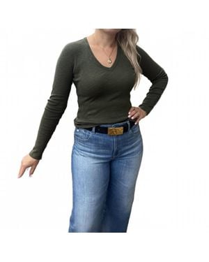 Lilla P Rib Slub Long Sleeve V Neck Top - Blue