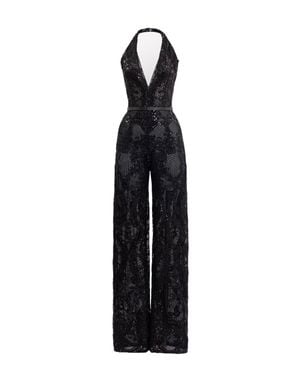 Saiid Kobeisy Intricate Embroidered Lace Jumpsuit With Flowing Cape - Black