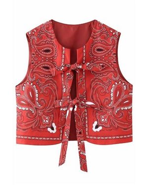 Sundayup Paisley Print Round Neck Front Bow Vest - Red