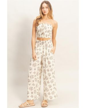 TRUEDAMES Smocked Tube Top & Wide-Leg Pants Set - Natural