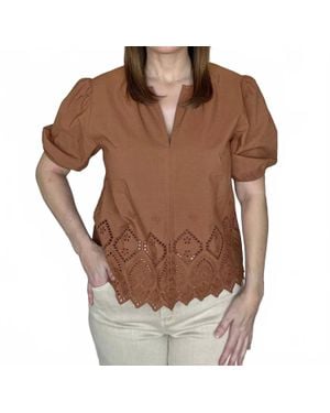 Mahila Angie Eyelet Border Hem Blouse - Brown