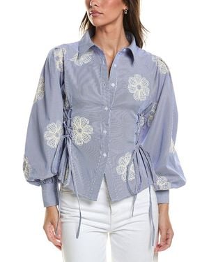 Gracia Embroidered Stripped Side Tie Long Sleeve Top - Blue