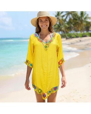 TRUEDAMES Lightweight Granny Square Floral Crochet Trim Sheer Beach Cover Up Poncho - Yellow