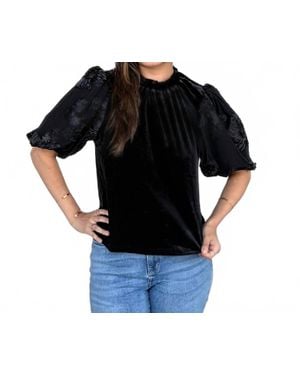 Thml Floral Embroidered Puff Sleeve Velvet Top - Black