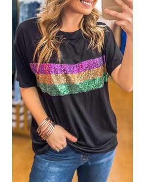 TRUEDAMES Sequin Stripes Patchwork Mardi Gras Crew Neck T Shirt - Black