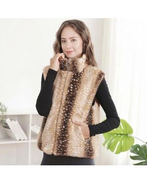 TRUEDAMES Faux Fur Deer Print Zipper Front Vest - Brown