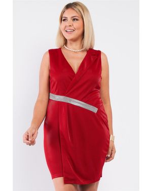 TRUEDAMES Sleeveless V-Neck Asymmetrical Wrap Rhinestones Detail Fitted Mini Blazer Dress - Red