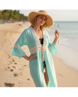 TRUEDAMES Boho Embroidered Tie Front V-Neck Beach Cover Up Dress - Blue