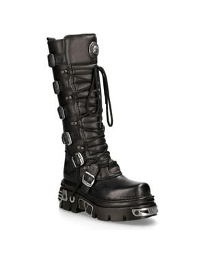New Rock Knee High Leather Gothic Boots-272-S1 - Black