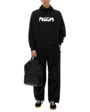 MSGM Hoodie With Spacious Hood And Graphic Logo - Black