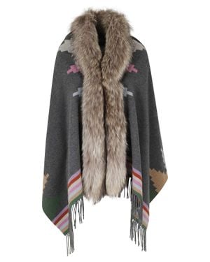 Bazar Deluxe Geometric Print Faux Fur Neckline Wool Poncho - Brown