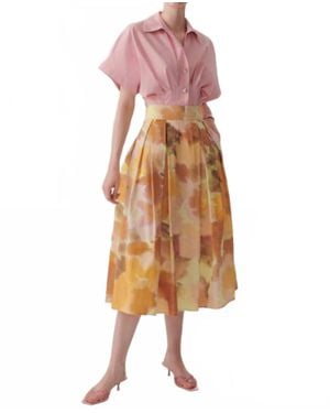 Exquise Valentina Watercolor Print Pleated Midi Skirt - Pink