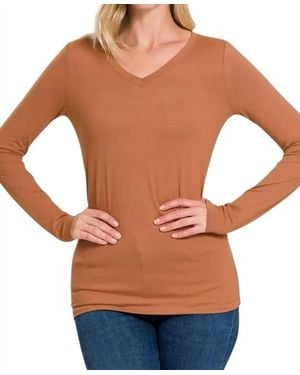Zenana Microfiber Long Sleeve V Neck Tee - Orange