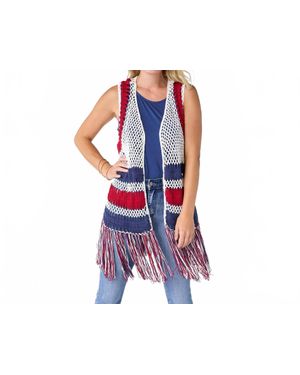 Coco + Carmen Victory Cotton Crochet Fringe Vest Americana Patriotic - Blue