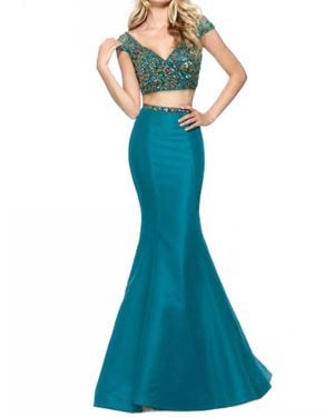 Sherri Hill Beaded Two Piece Mermaid Formal Maxi Dress - Blue