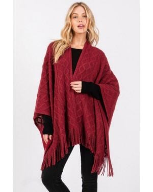 TRUEDAMES Diamond Pattern Tassel Knit Ruana - Red