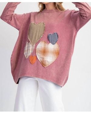 Easel Heart Patch Mineral Washed Knit Top-Plus - Pink