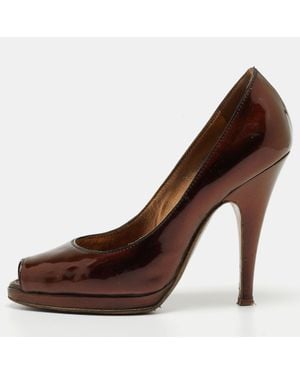 Roberto Cavalli Metallic Patent Leather Peep Toe Pumps - Brown