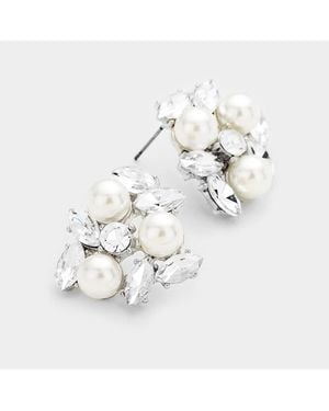 Fashnzfab Pearl Oval Glass Crystal Cluster Earrings - White