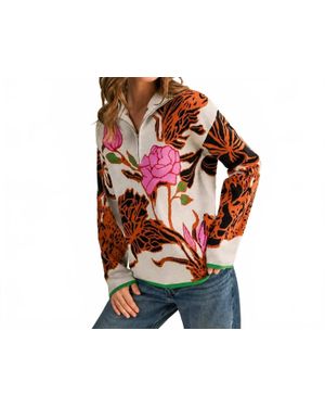Aapparella Bloom Bright Floral Half-Zip Sweater - Blue