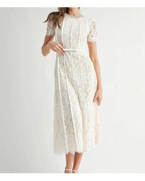 Endless Blu. Elegant Lace Midi Dress With Embellished Collar - White
