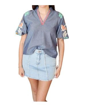 Thml Embroidered V-Neck Puff Sleeve Top - Blue