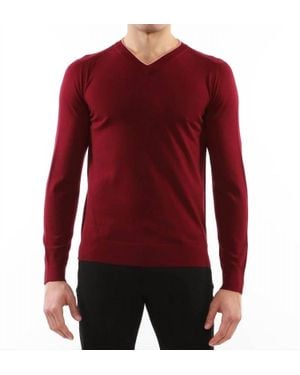 Postmarc Contrast V-Neck Lightweight Fine Knit Wool Sweater - Red