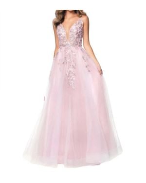 Blush Prom Beaded Lace Appliqued Tulle Deep V-Neck Gown - Pink