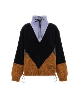 Marni Virgin Wool Cashmere Intarsia Zip-Through Knit Jacket - Black