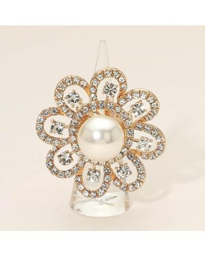 Fashnzfab Floral Pearl Accent Stretch Statement Ring - Metallic