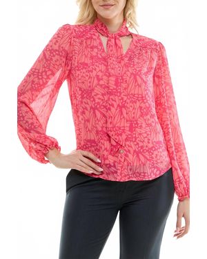Nicole Miller Printed Button-Down Tie Neck Blouse - Red