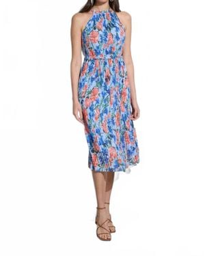 Tahari Floral Halter Pleated Midi Dress - Blue