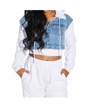 Circular Path Crop Denim Hoodie - Blue