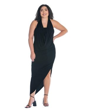 24seven Comfort Apparel Plus Size Cowl Neck Long Asymmetrical Backless Halter Dress - Blue