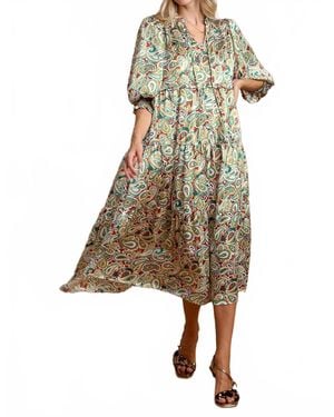 Umgee Satin Paisley Midi Dress With Ruffle Neck Tie - Natural