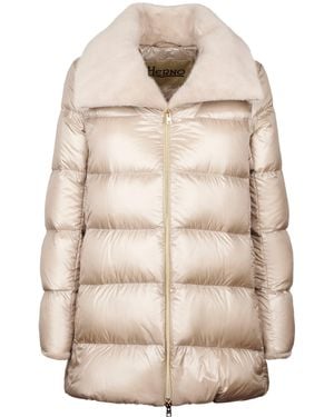 Herno Quilted Coat With Plush Collar And Boxy Silhouette - Natural