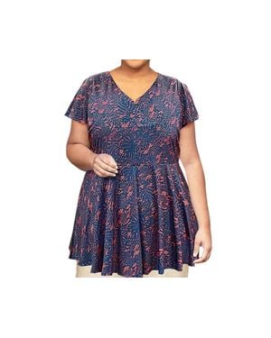 On The Plus Side Printed Short Sleeve Baby Doll Top - Blue
