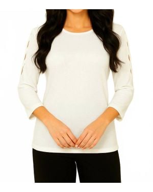 French Kyss Soft Stretch Sleeve Lattice Crew Neck Top - Natural