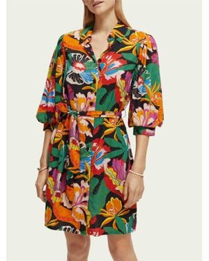 Scotch & Soda Linen-blended Puff-sleeved Mini Dress - Multicolor