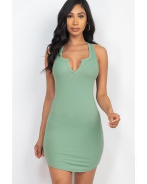 TRUEDAMES Fashnzfab Ribbed Split Neck Tank Mini Dress - Green