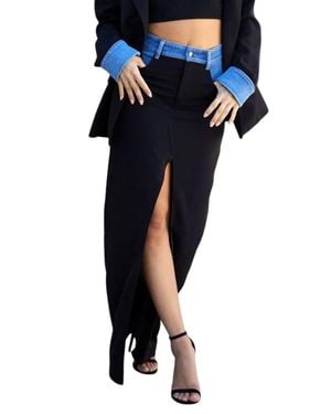 Endless Blu. Tatiana Skirt With Denim Accents & High Slit - Blue