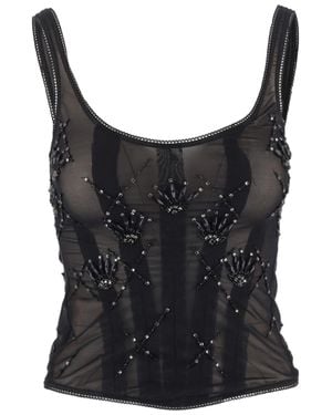 IANIRA MEDA Embroidered Lycra-Blend Tank Top - Black