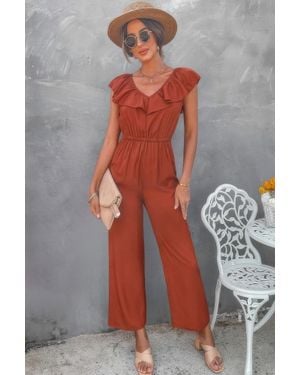 TRUEDAMES Fashnzfab Solid Ruffle Trim V Neck Fit Jumpsuit - Multicolor