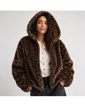 TRUEDAMES Leopard Faux Fur Plush Hooded Jacket - Brown
